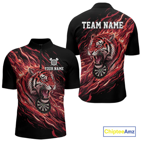 Red Flaming Tiger Funny Darts Custom Men's Dart Quarter-Zip Shirts Team Dart League Jerseys NYN2078