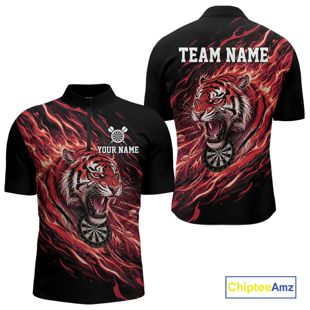 Red Flaming Tiger Funny Darts Custom Men's Dart Quarter-Zip Shirts Team Dart League Jerseys NYN2078