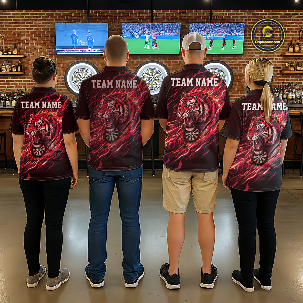 Red Flaming Tiger Funny Darts Custom Men's Dart Polo Shirts Team Dart League Jerseys NYN2078