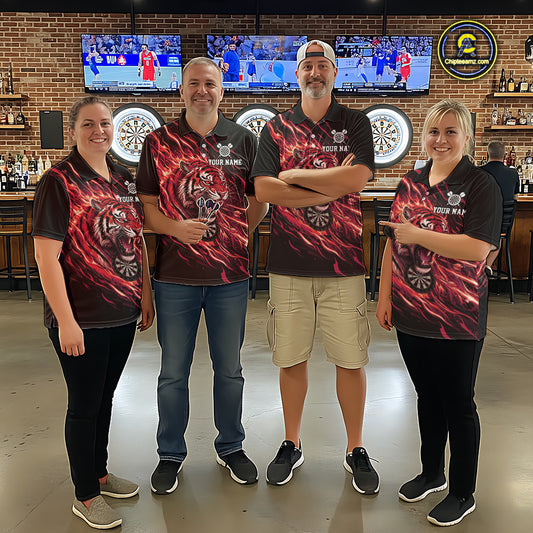 Red Flaming Tiger Funny Darts Custom Men's Dart Quarter-Zip Shirts Team Dart League Jerseys NYN2078