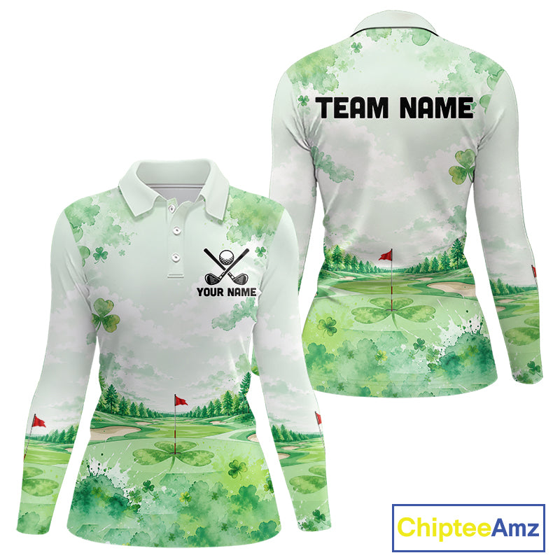 Golf Polo Shirt For Women Personalized Shamrock Clover Golf Jersey St Patrick Golf Apparel Golf Gifts NYN4333