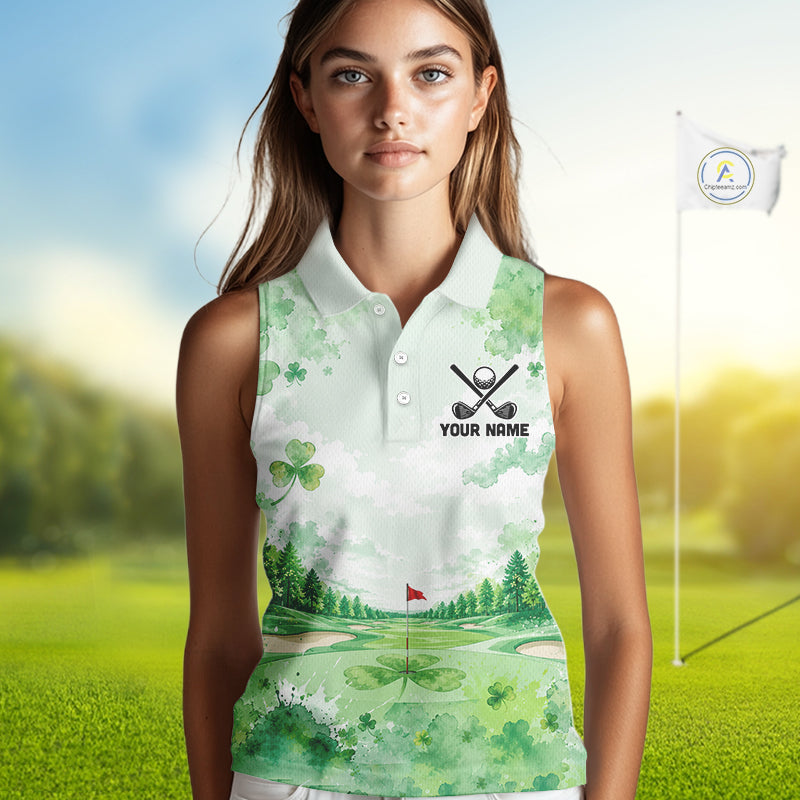 Golf Sleeveless Polo Shirt For Women Personalized Shamrock Clover Golf Jersey St Patrick Golf Apparel Golf Gifts NYN4333