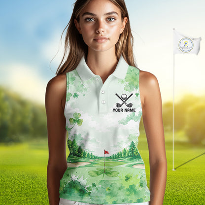 Golf Sleeveless Polo Shirt For Women Personalized Shamrock Clover Golf Jersey St Patrick Golf Apparel Golf Gifts NYN4333