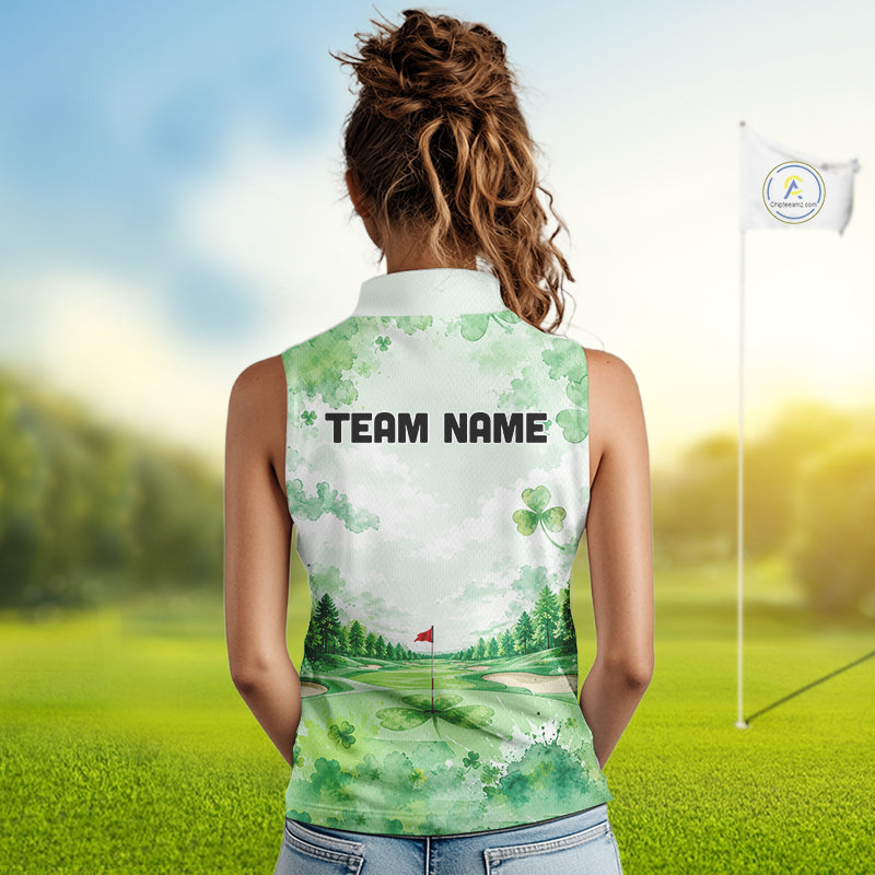 Golf Sleeveless Polo Shirt For Women Personalized Shamrock Clover Golf Jersey St Patrick Golf Apparel Golf Gifts NYN4333