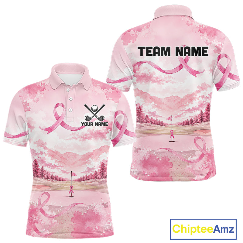 Breast Cancer Golf Polo Shirts For Men Custom Name Pink Ribbon Golf Course Shirt Golf Gifts NYN4334