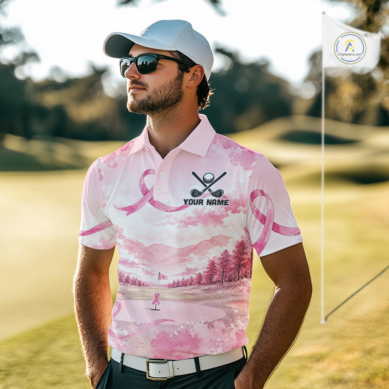 Breast Cancer Golf Polo Shirts For Men Custom Name Pink Ribbon Golf Course Shirt Golf Gifts NYN4334