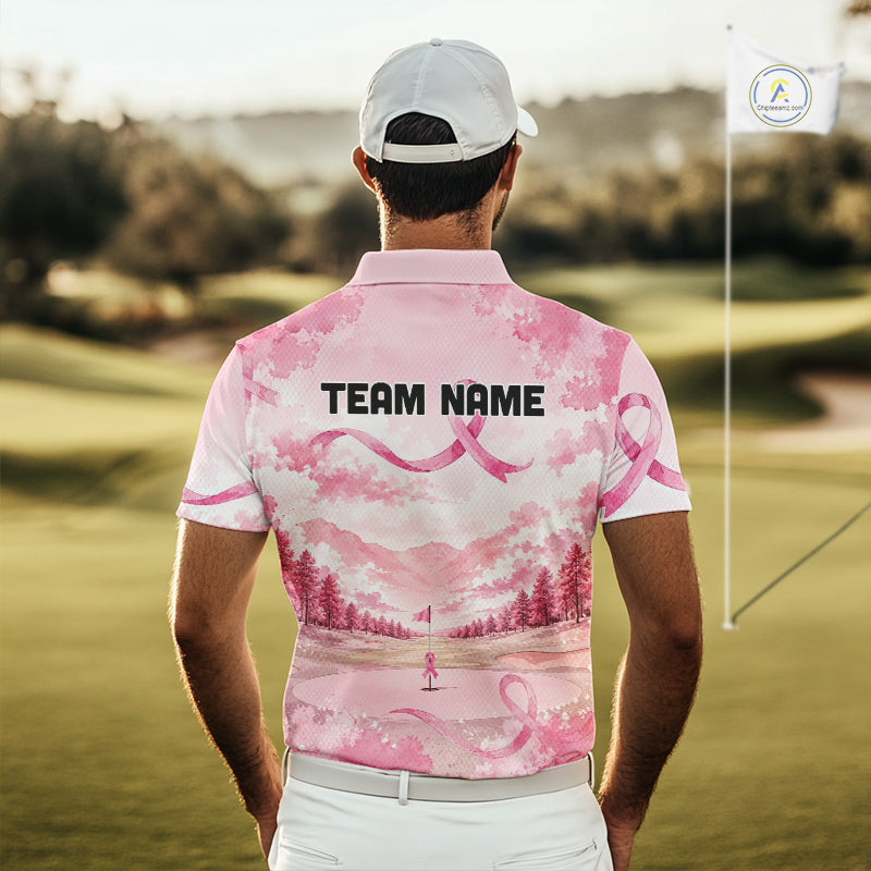 Breast Cancer Golf Polo Shirts For Men Custom Name Pink Ribbon Golf Course Shirt Golf Gifts NYN4334