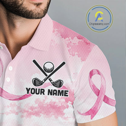 Breast Cancer Golf Polo Shirts For Men Custom Name Pink Ribbon Golf Course Shirt Golf Gifts NYN4334