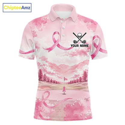 Breast Cancer Golf Polo Shirts For Men Custom Name Pink Ribbon Golf Course Shirt Golf Gifts NYN4334