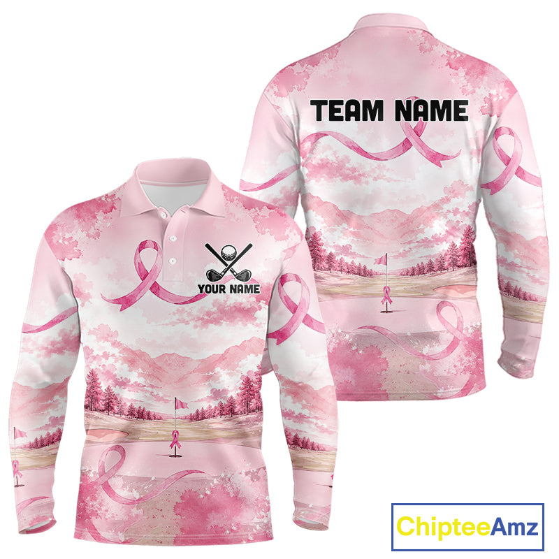 Breast Cancer Golf Polo Shirts For Men Custom Name Pink Ribbon Golf Course Shirt Golf Gifts NYN4334