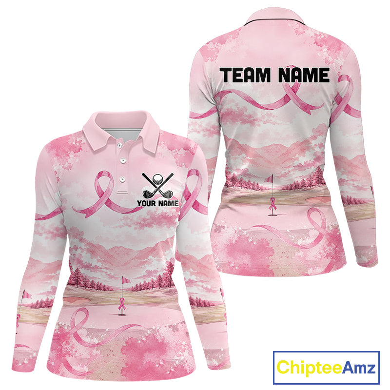 Breast Cancer Golf Polo Shirts For Women Custom Name Pink Ribbon Golf Course Shirt Golf Gifts NYN4334