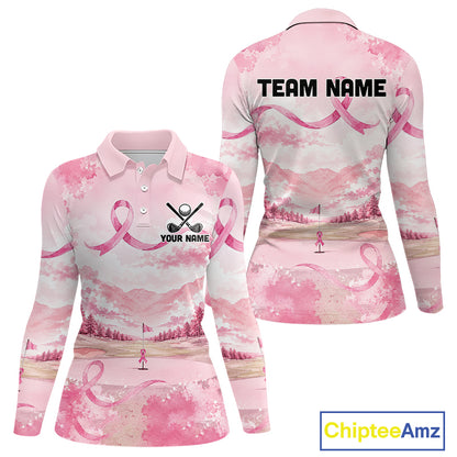 Breast Cancer Golf Polo Shirts For Women Custom Name Pink Ribbon Golf Course Shirt Golf Gifts NYN4334