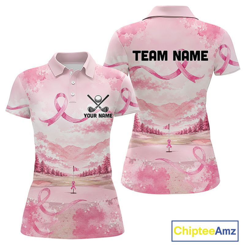 Breast Cancer Golf Polo Shirts For Women Custom Name Pink Ribbon Golf Course Shirt Golf Gifts NYN4334