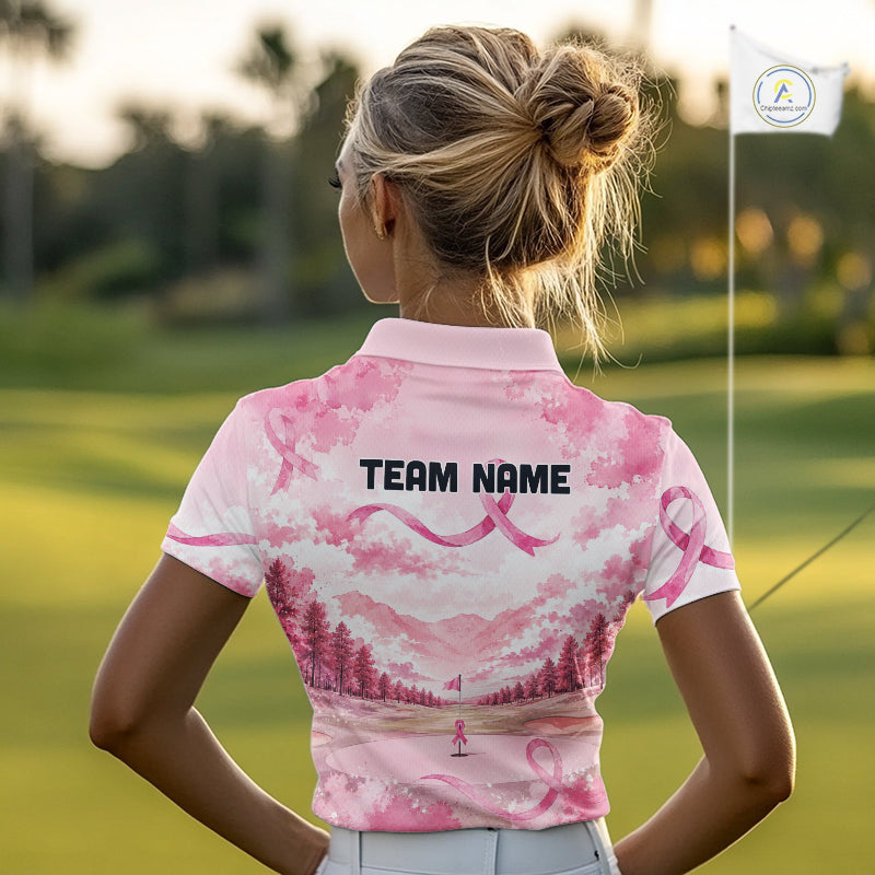 Breast Cancer Golf Polo Shirts For Women Custom Name Pink Ribbon Golf Course Shirt Golf Gifts NYN4334