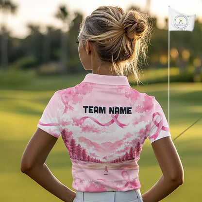 Breast Cancer Golf Polo Shirts For Women Custom Name Pink Ribbon Golf Course Shirt Golf Gifts NYN4334