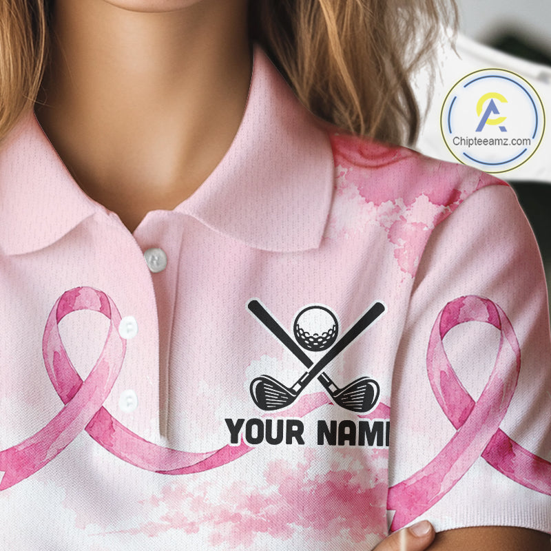 Breast Cancer Golf Polo Shirts For Women Custom Name Pink Ribbon Golf Course Shirt Golf Gifts NYN4334