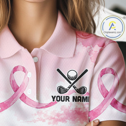 Breast Cancer Golf Polo Shirts For Women Custom Name Pink Ribbon Golf Course Shirt Golf Gifts NYN4334