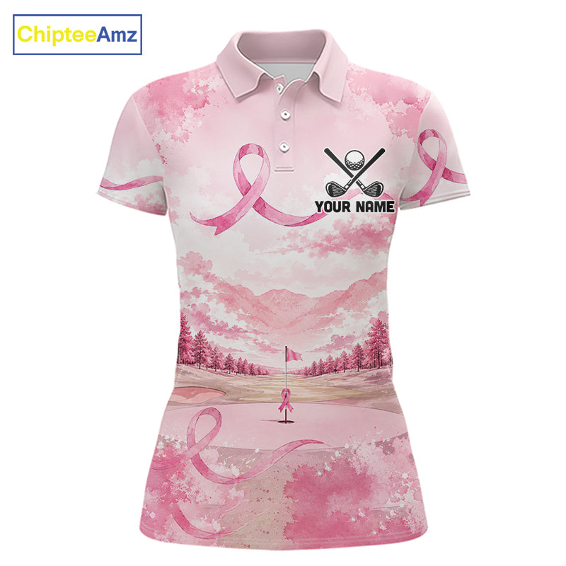 Breast Cancer Golf Polo Shirts For Women Custom Name Pink Ribbon Golf Course Shirt Golf Gifts NYN4334