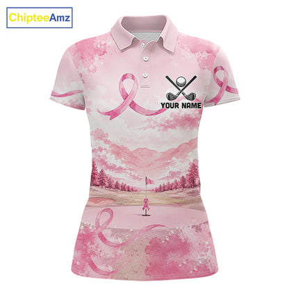 Breast Cancer Golf Polo Shirts For Women Custom Name Pink Ribbon Golf Course Shirt Golf Gifts NYN4334