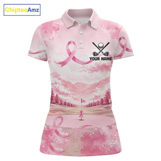 Breast Cancer Golf Polo Shirts For Women Custom Name Pink Ribbon Golf Course Shirt Golf Gifts NYN4334