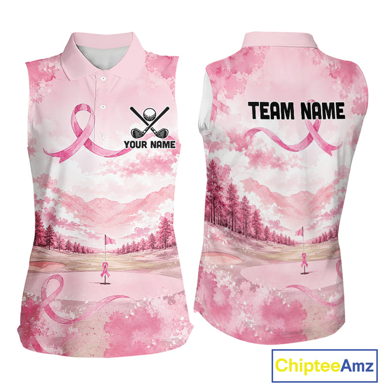 Breast Cancer Golf Sleeveless Polo Shirts For Women Custom Name Pink Ribbon Golf Course Shirt Golf Gifts NYN4334