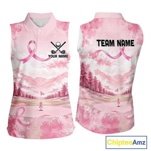 Breast Cancer Golf Sleeveless Polo Shirts For Women Custom Name Pink Ribbon Golf Course Shirt Golf Gifts NYN4334