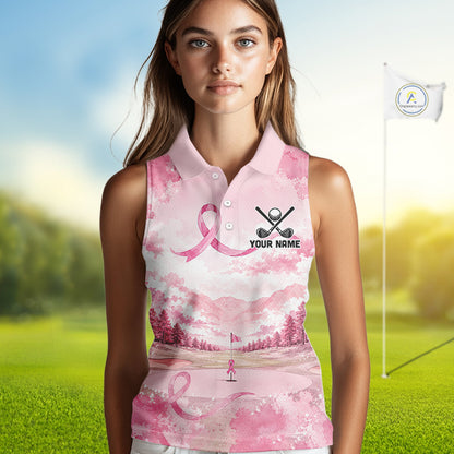 Breast Cancer Golf Sleeveless Polo Shirts For Women Custom Name Pink Ribbon Golf Course Shirt Golf Gifts NYN4334