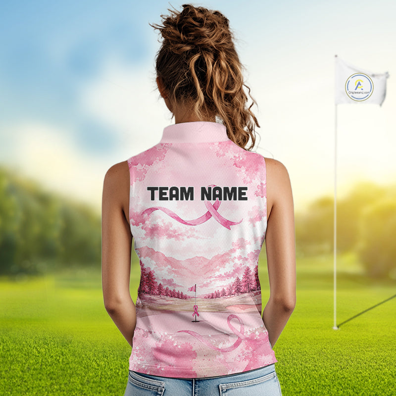 Breast Cancer Golf Sleeveless Polo Shirts For Women Custom Name Pink Ribbon Golf Course Shirt Golf Gifts NYN4334