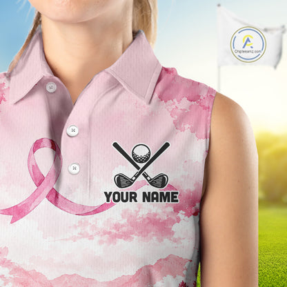 Breast Cancer Golf Sleeveless Polo Shirts For Women Custom Name Pink Ribbon Golf Course Shirt Golf Gifts NYN4334