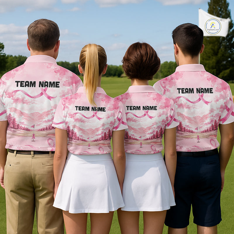Breast Cancer Golf Polo Shirts For Men Custom Name Pink Ribbon Golf Course Shirt Golf Gifts NYN4334