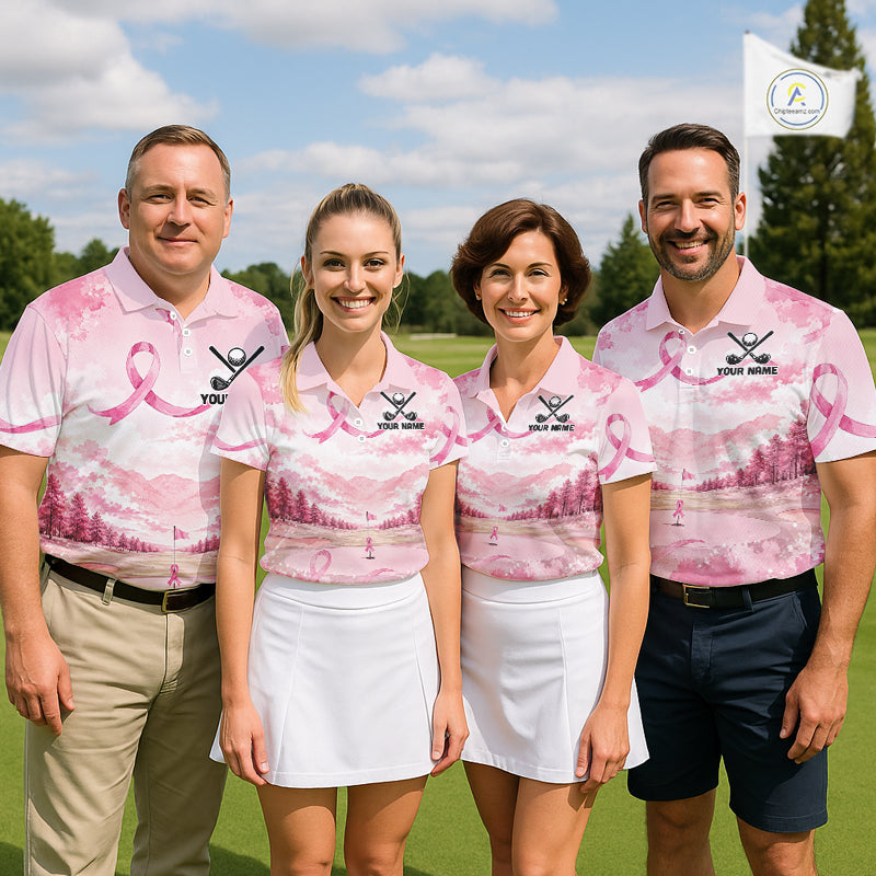 Breast Cancer Golf Polo Shirts For Men Custom Name Pink Ribbon Golf Course Shirt Golf Gifts NYN4334