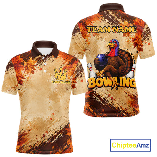 Turkey Bowling Shirt For Men, Custom Grunge Maple Leaves Funny Thanksgiving Turkey Bowler Team Gifts NYN4344