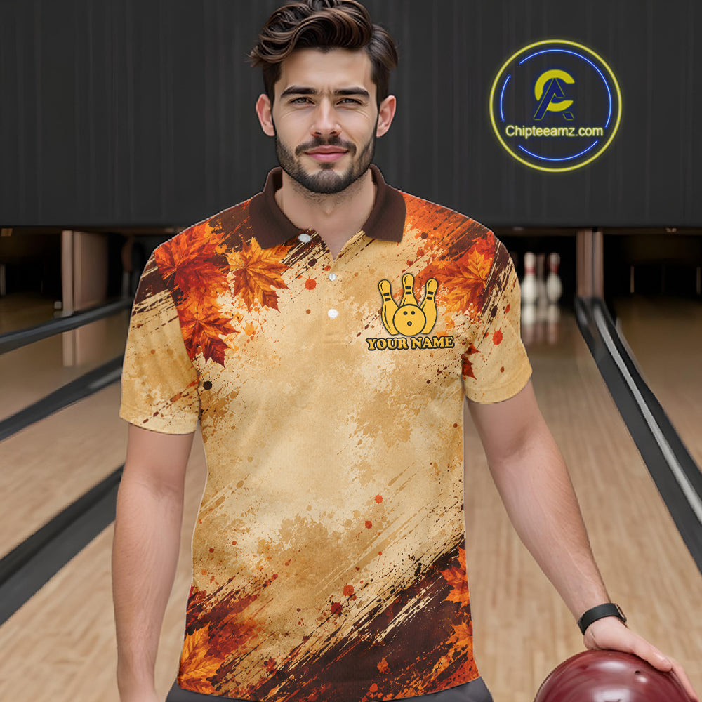 Turkey Bowling Shirt For Men, Custom Grunge Maple Leaves Funny Thanksgiving Turkey Bowler Team Gifts NYN4344