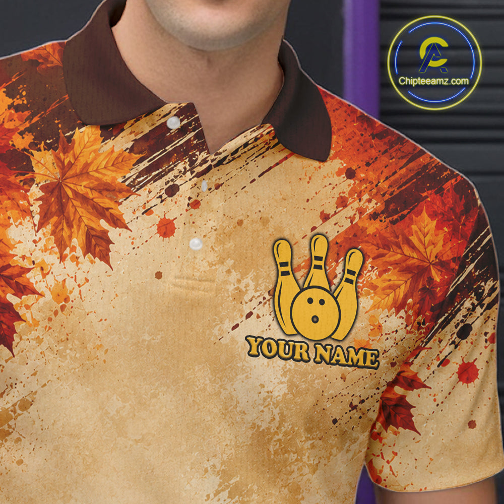 Turkey Bowling Shirt For Men, Custom Grunge Maple Leaves Funny Thanksgiving Turkey Bowler Team Gifts NYN4344