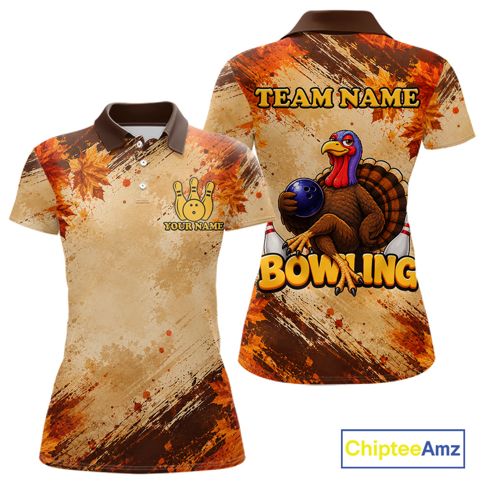 Turkey Bowling Shirt For Women, Custom Grunge Maple Leaves Funny Thanksgiving Turkey Bowler Team Gifts NYN4344