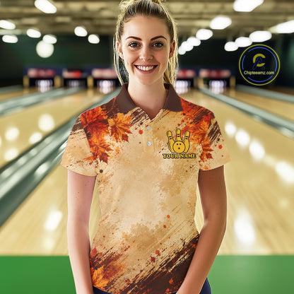 Turkey Bowling Shirt For Women, Custom Grunge Maple Leaves Funny Thanksgiving Turkey Bowler Team Gifts NYN4344