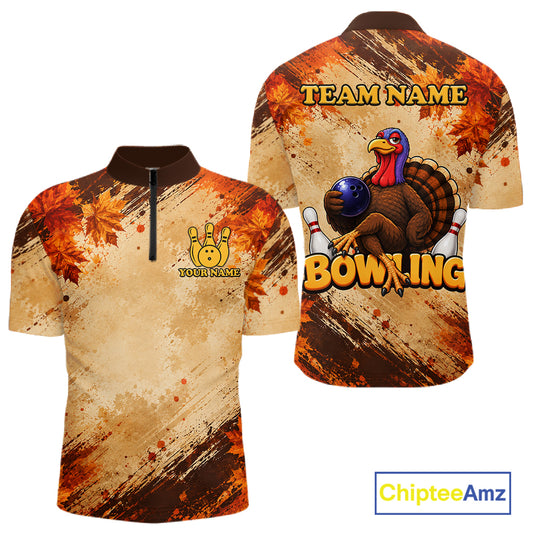 Turkey Bowling Shirt For Men, Custom Grunge Maple Leaves Funny Thanksgiving Turkey Bowler Team Gifts NYN4344