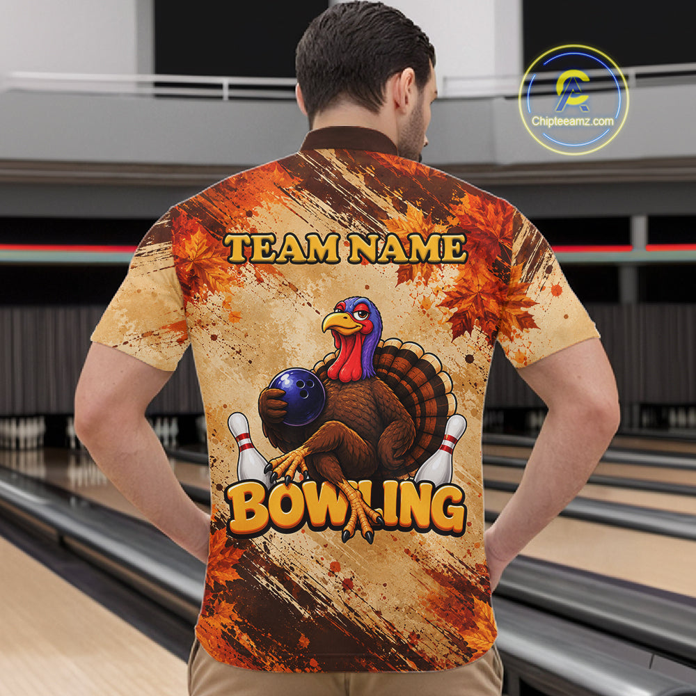 Turkey Bowling Shirt For Men, Custom Grunge Maple Leaves Funny Thanksgiving Turkey Bowler Team Gifts NYN4344