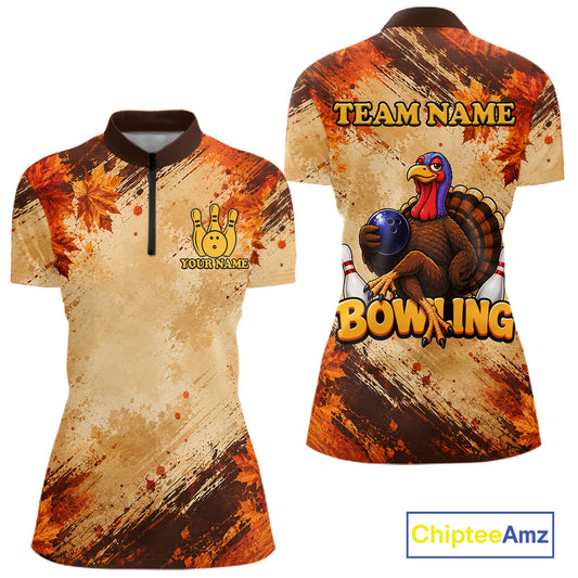 Turkey Bowling Shirt For Women, Custom Grunge Maple Leaves Funny Thanksgiving Turkey Bowler Team Gifts NYN4344