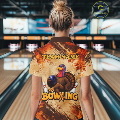 Turkey Bowling Shirt For Women, Custom Grunge Maple Leaves Funny Thanksgiving Turkey Bowler Team Gifts NYN4344