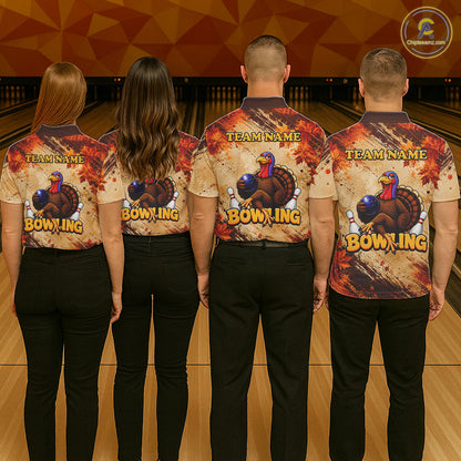 Turkey Bowling Shirt For Men, Custom Grunge Maple Leaves Funny Thanksgiving Turkey Bowler Team Gifts NYN4344