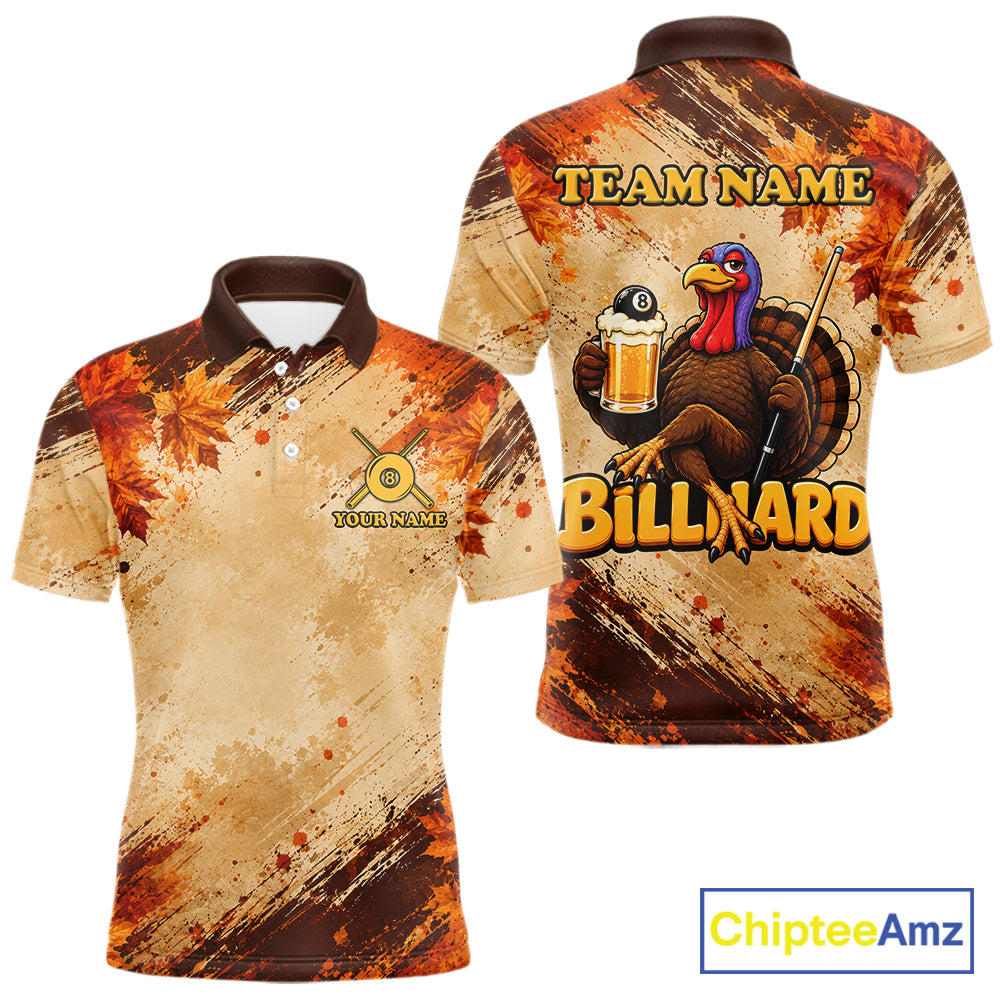 Turkey 8 Ball Funny Billiard Shirt For Men Custom Maple Leaves Thanksgiving Turkey Pool Team Shirt NYN4345