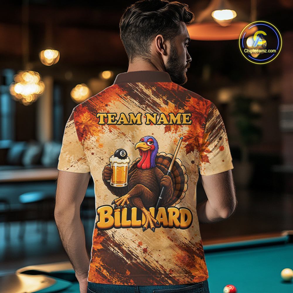 Turkey 8 Ball Funny Billiard Shirt For Men Custom Maple Leaves Thanksgiving Turkey Pool Team Shirt NYN4345