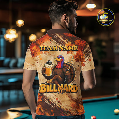 Turkey 8 Ball Funny Billiard Shirt For Men Custom Maple Leaves Thanksgiving Turkey Pool Team Shirt NYN4345