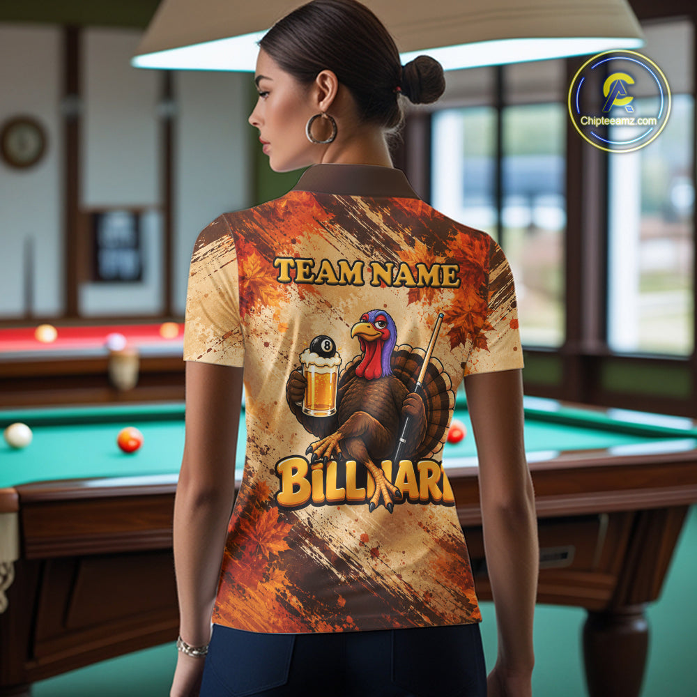 Turkey 8 Ball Funny Billiard Shirt For Women Custom Maple Leaves Thanksgiving Turkey Pool Team Shirt NYN4345