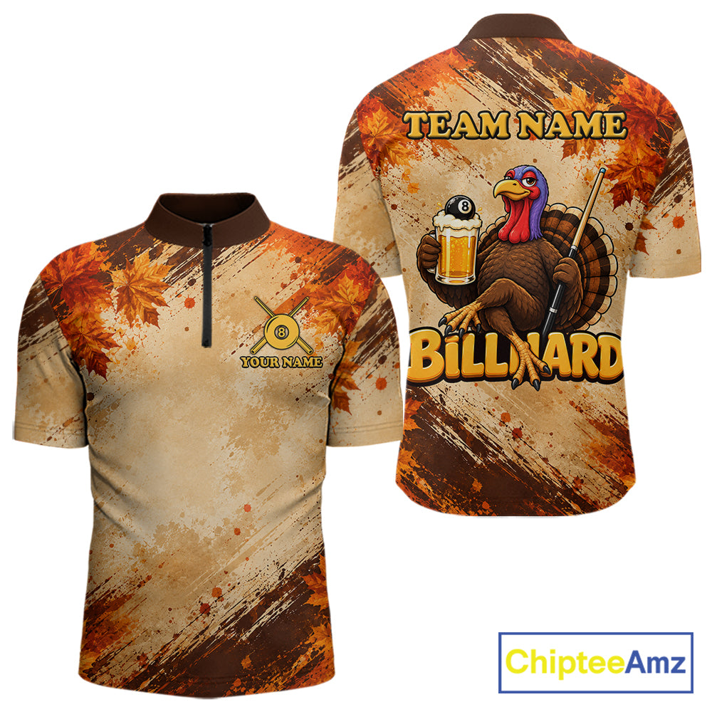 Turkey 8 Ball Funny Billiard Shirt For Men Custom Maple Leaves Thanksgiving Turkey Pool Team Shirt NYN4345