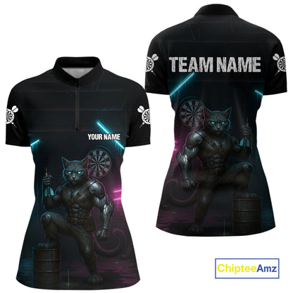 Funny Horror Cat Plays Dart Arrow Custom Darts Quarter-Zip Shirt For Women, Dart Team Jerseys NYN1824