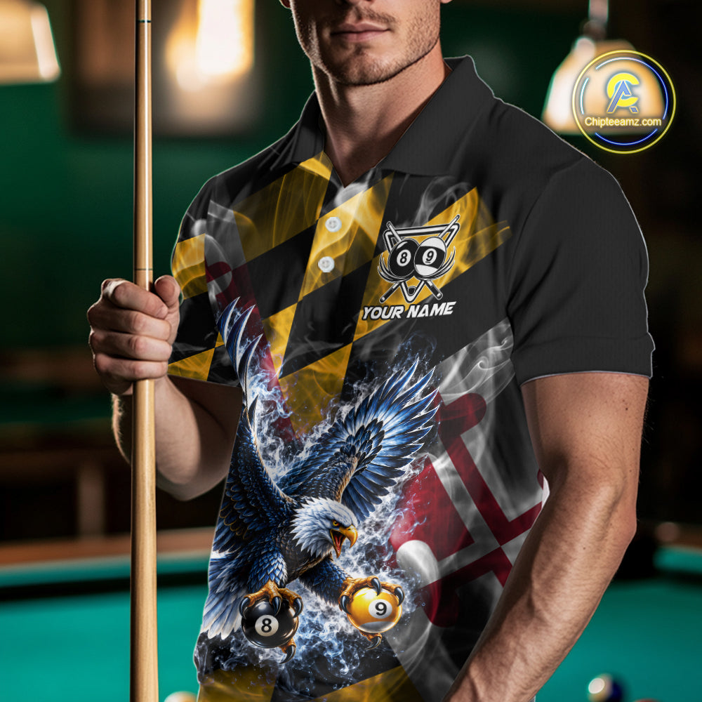 Custom Eagle Maryland Flag 8 Ball 9 Ball Pool Billiard Shirt For Men Patriotic Team Billiard Jersey NYN5080