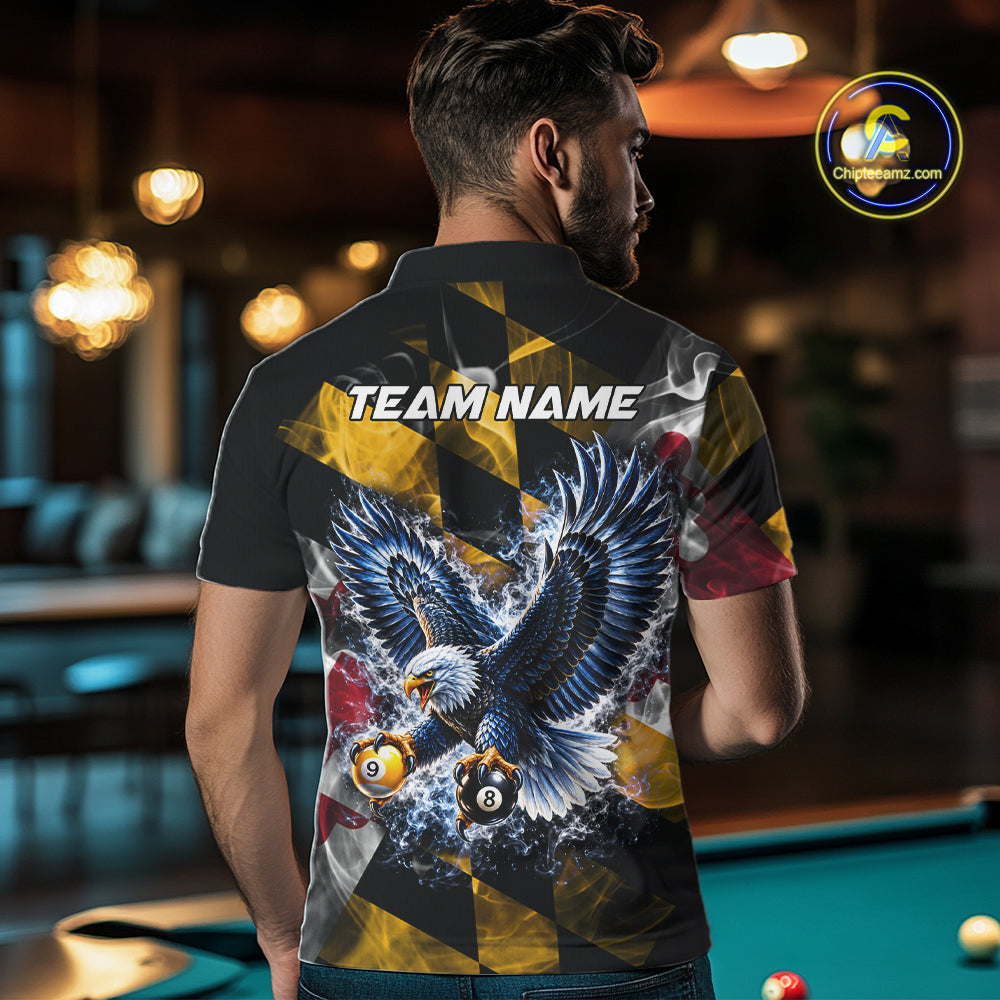 Custom Eagle Maryland Flag 8 Ball 9 Ball Pool Billiard Shirt For Men Patriotic Team Billiard Jersey NYN5080