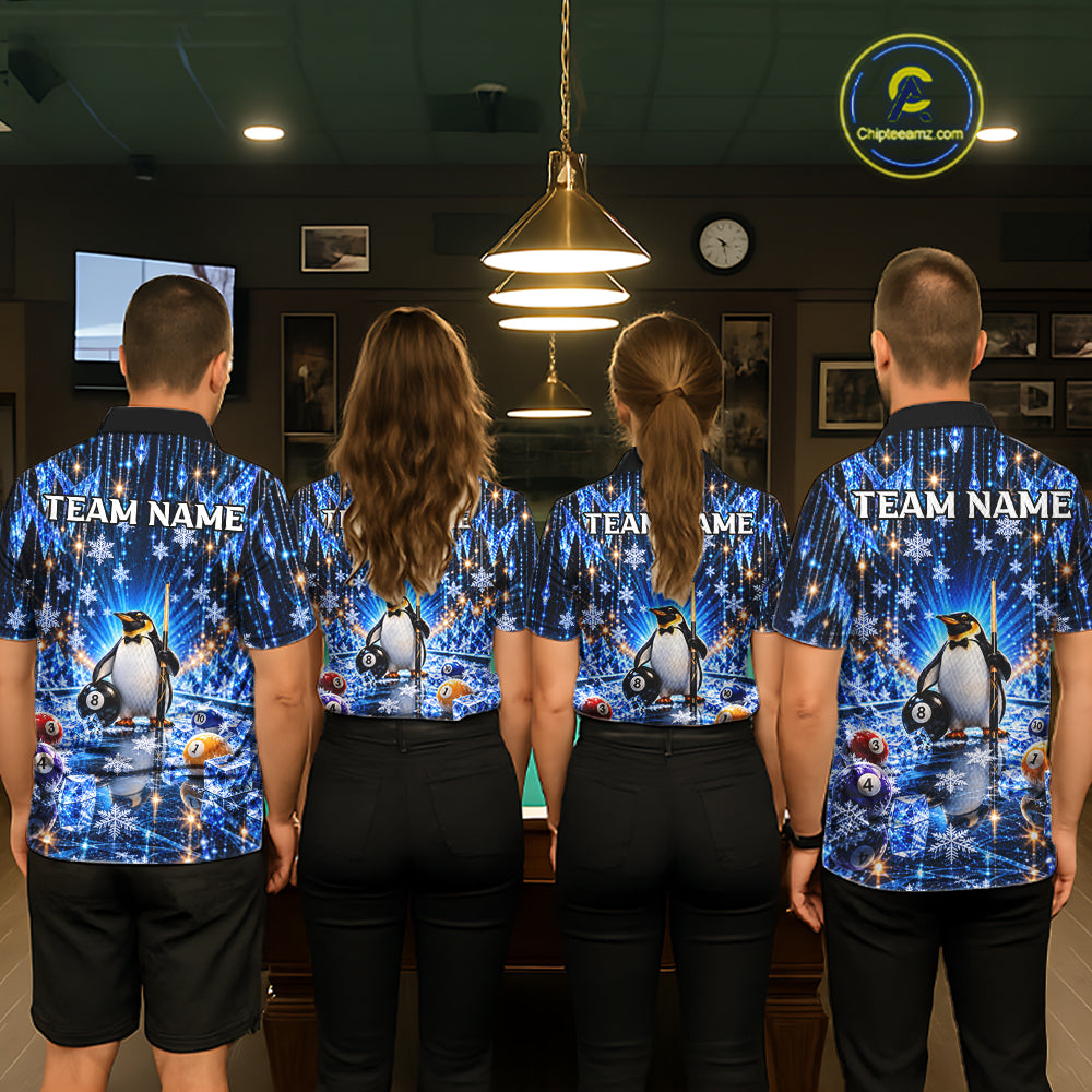 Custom Funny Penguin Billiard Shirt For Men Personalized Crystal Ice 8 Ball Pool Team Apparel NYN5087